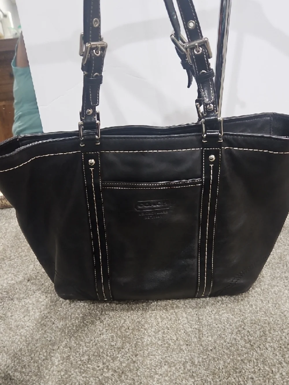 Coach Hampton Black Leather Tote with Contrast Stitching and Buckle Straps - Picture 13 of 13